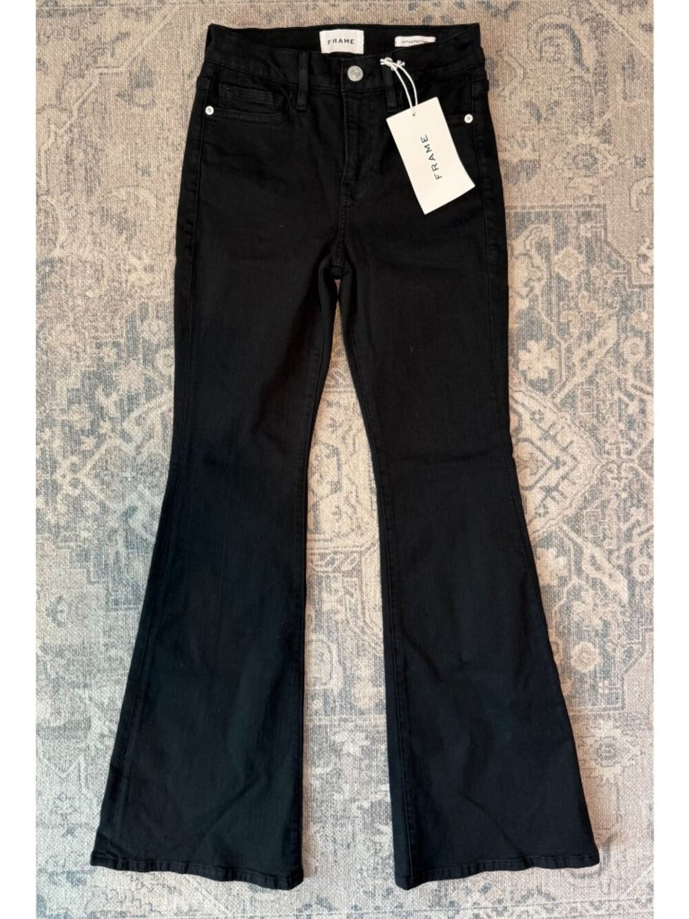 Frame Denim Le Pixie High Rise Flare Jeans Size 26 Noir Black Retro Boho Stretch
